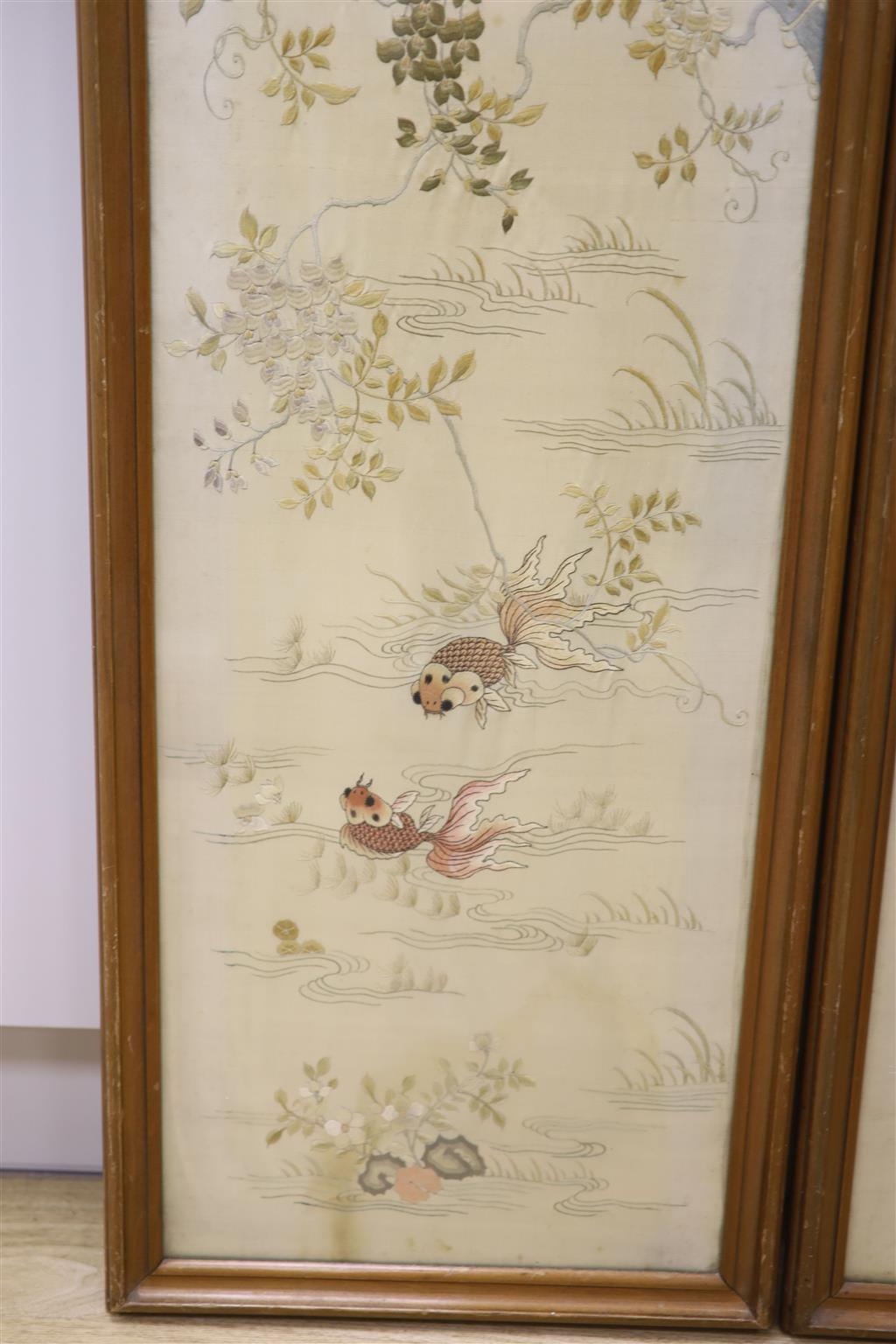 Two Japanese embroidered panels, width 34.5cm height 134cm